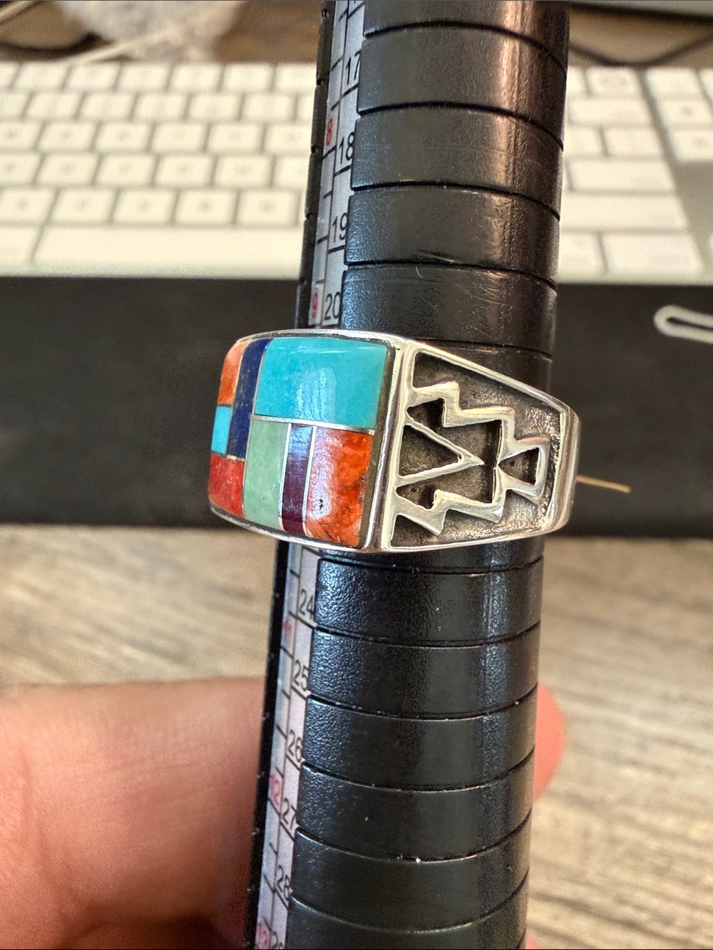 Colorblock Inlay Sterling Silver Statement Ring - Turquoise & Coral - Picture 5 of 10